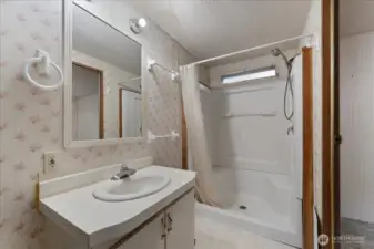 Primary bathroom with walk-in shower. Toilet is to the left of the picture.