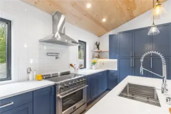 stainless steel appliances, pot filler over the stove, and custom cabinetry.