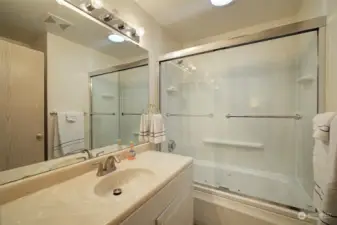 Hall bath with jetted tub and glass enclosure