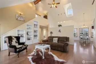 The exposed ceiling timber adds character to the open floor plan.