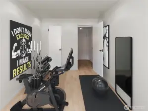 /irtually staged workout room in the first bedroom. Also would make a great office to WFH or meet clients. It's beleived the orginal hardwood floors can be uncovered.