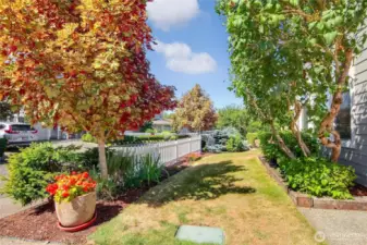 HOA maintains the grass and community plantings. Sellers do have an Alteration Agreement for patio and landscaping near patio.