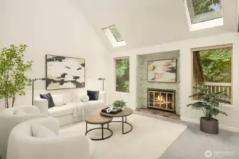 Soaring ceilings, skylights, and a cozy wood burning fireplace create a warm yet spacious living room retreat.