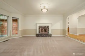 Gas fireplace in large living room off entryway.