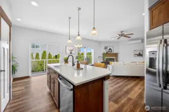 View of kitchen island looking towards the living space.