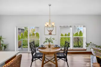 Lots of large windows for light and glass sliders just off the great room access the private backyard space.