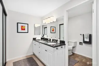 Large vanity with good cabinet space. There is plumbing for an additional sink on the left.