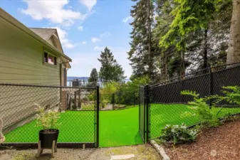 Fenced pet area with astroturf that can be rinsed clean! Can be accessed from the primary suite sitting room door at top of deck stairs.