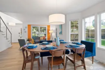 The dining area overlooks the side yard.