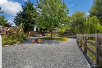 Park-like fenced back yard with garden and coop.