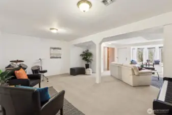 A view of the lower level living with the entry access door and 3/4 bath door at the top center of the photo.