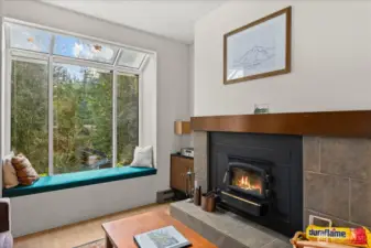 Cozy living area has a wood stove that pumps out heat in the winter and is cleaned regularly by the HOA.