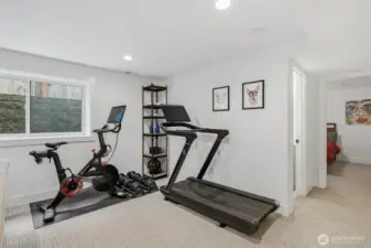 Work out equipment is easily accomodated in this large room