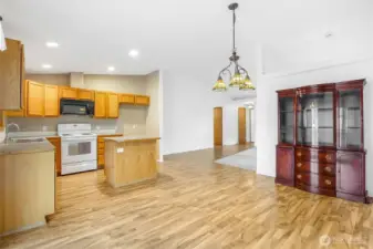 The dining area is a very generous size for this home. The China cabinet is not included in the sale.