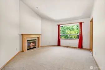 Living room with fireplace & vaulted ceiling, with coffered lighting above, gas fireplace.