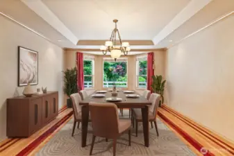 Digitally staged dining room, custom hardwood flooring