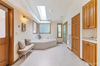 Primary bathroom with skylight & glass block wall, private toilet room, built in storage. Skylights!  Door to left leads to spa room.