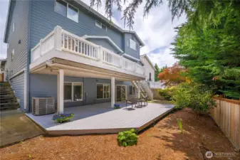 The backyard with an oversized patio