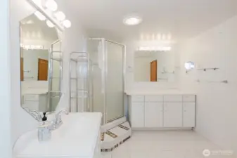Updated lower-level bath with modern vanity and flooring