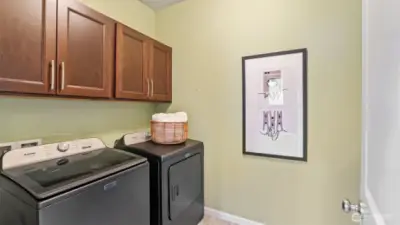 The utility room is upstairs with luxury vinyl floor, a deep utility sink, extra cabinets and storage.  The washer and dryer remain.