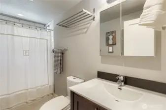 Updated Bath with modern vanity, subway shower tile, mirrored medicine cabinet for extra storage, and train rack to hold your towels.