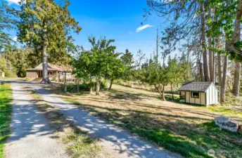 Private driveway leads to lush, forested almost 5 acres with a beautiful home with a large deck on 3 sides, garage and sheds.