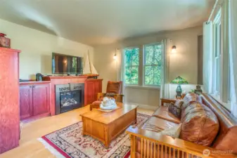 The cozy living room has a propane fireplace, an attached television, and beautiful east and southern light streaming into the space.