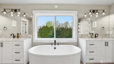 Large soaker tub with backyard views!