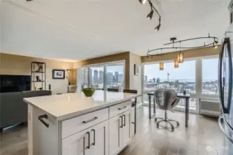 city, sound, mountain and Space Needle views from every part of the open concept living/kitchen
