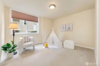 Lower level bedroom with high ceiling and walk in closet