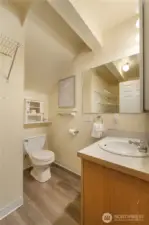 This powder room is conveniently located downstairs for guests.