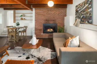 Wood fireplace, beautiful concrete floor!