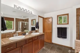 Double vanities provide plenty of counterspace.
