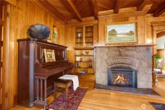 You have to look closely in this photograph, but there it is: an inscription in the stone below the mantel reads "Good Cheer." If you have the opportunity to visit in person, this will be one of the delights.