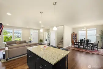 Living room, kitchen, dining room and the den downstairs.
