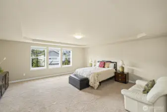 Primary Bedroom with tray ceiling and spacious floor.