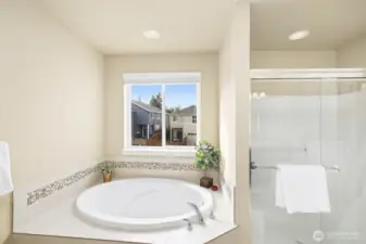 Deep soaking tub and long shower stall in primary bathroom.