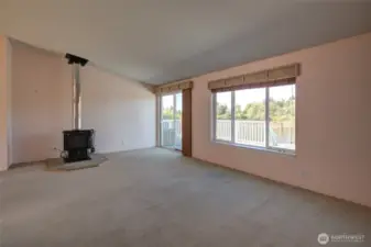 Living room with freestanding wood stove