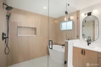 Primary bath with soaking tub.