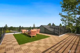Rooftop deck is partially turfed.