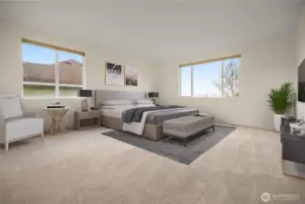 Primary bedroom has views of the Snohomish valley and mountain's Virtual staging.