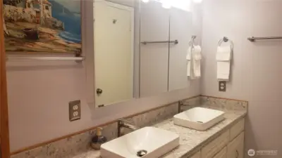 Two sinks on new quartz countertop .