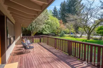 Sun drenched front deck overlooks front yard