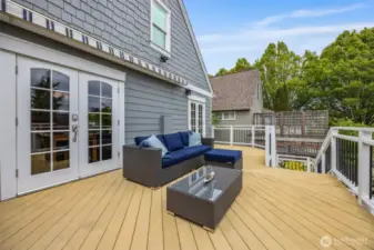 Deck with remote controlled awning that extends full length of desk