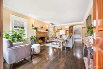 Living room with wood burning fireplace
