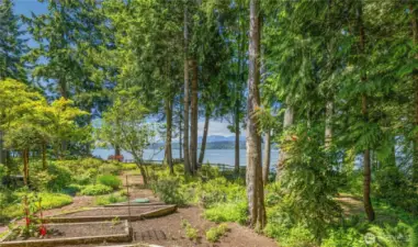 Views from the deck, over raised garden beds to the water
