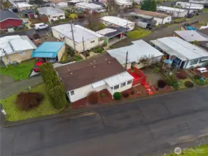 An aerial view showing the corner lot.