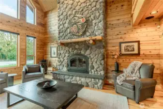Wood burning fireplace with custom mantle.
