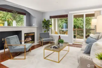 Expansive Family Room Featuring a Cozy Gas Fireplace Surrounded by Nature - Private, Serene & Quiet w Walkout to Covered Deck