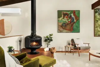 A new mini-split in the stairwell delivers A/C on hotter days, and supplemental warmth if the fireplace isn't roaring.